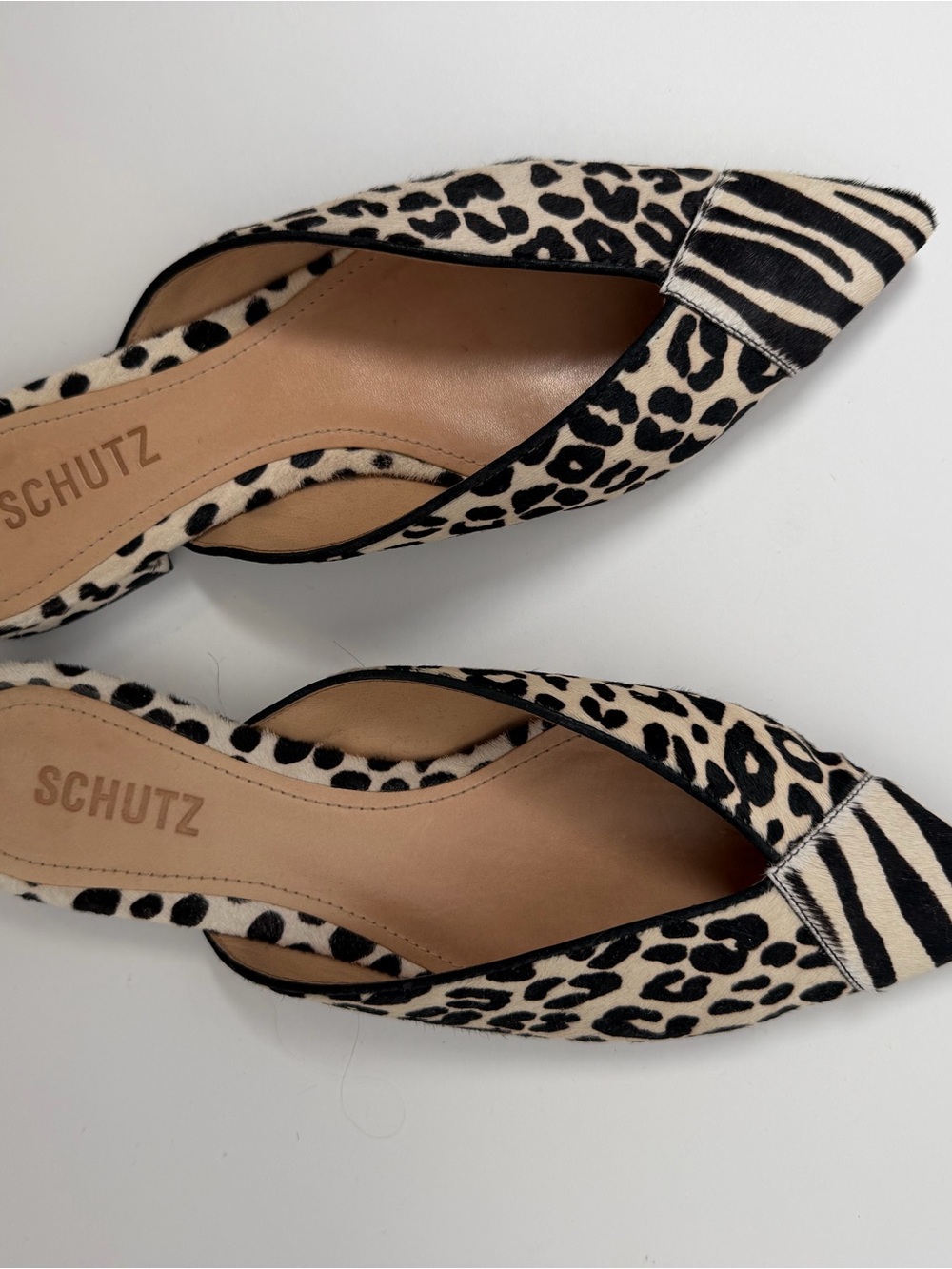 SCHUTZ Leopard & Zebra Print Pointed Toe Mules - Black & Cream - Picture 4 of 11